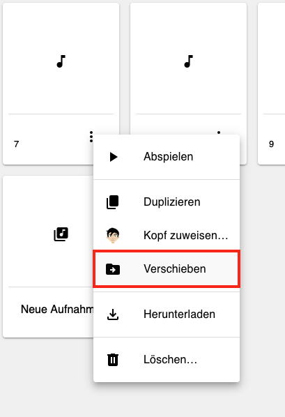 Screenshot des erweiterten Menüs einer Aufnahme mit dem Fokus auf „Verschieben“.