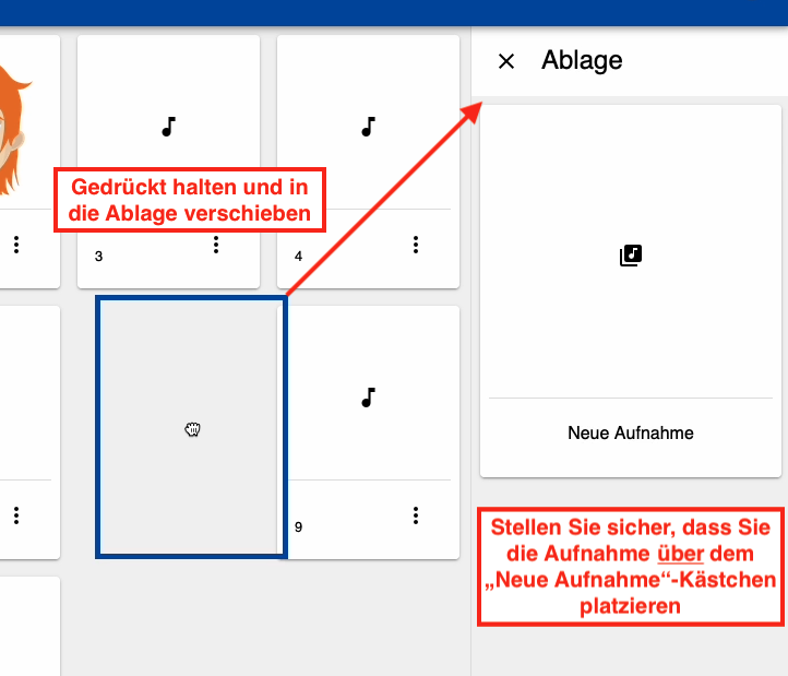 Screenshot mit Erklärungen zum Verschieben einer Aufnahme zur Ablage bei größeren Bildschirmen.