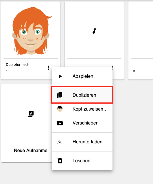 Screenshot, der das erweiterte Menü einer Aufnahme und den „Duplizieren“-Knopf zeigt.