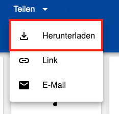 Erweitertes Menü des „Teilen“-Knopfs mit dem Fokus auf die „Herunterladen“-Option in der Babbelix-Webansicht.
