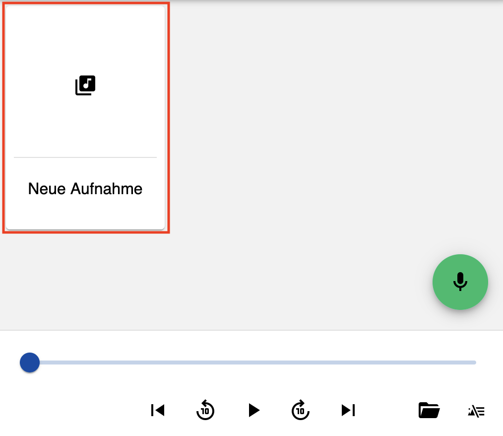 Screenshot der Babbelix-Anwendung mit dem Fokus auf das „Neue Aufnahme“-Kästchen.