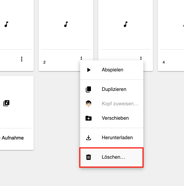Screenshot, der das erweiterte Menü einer Aufnahme und den „Löschen“-Knopf zeigt.