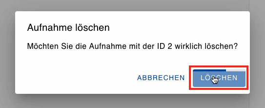 Screenshot, der das Halten auf den „Löschen“-Knopf zeigt.