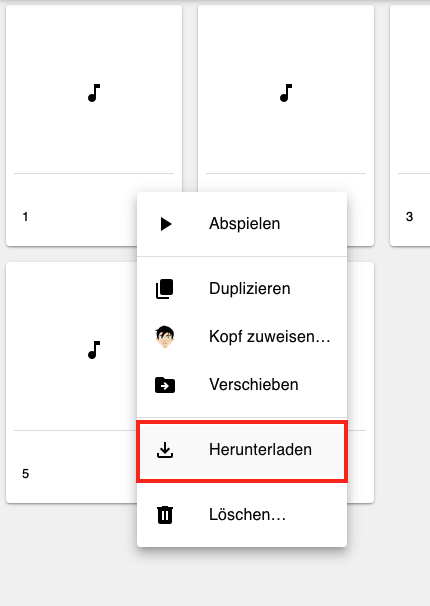 Screenshot, der das erweiterte Menü einer Aufnahme und den „Herunterladen“-Knopf zeigt.
