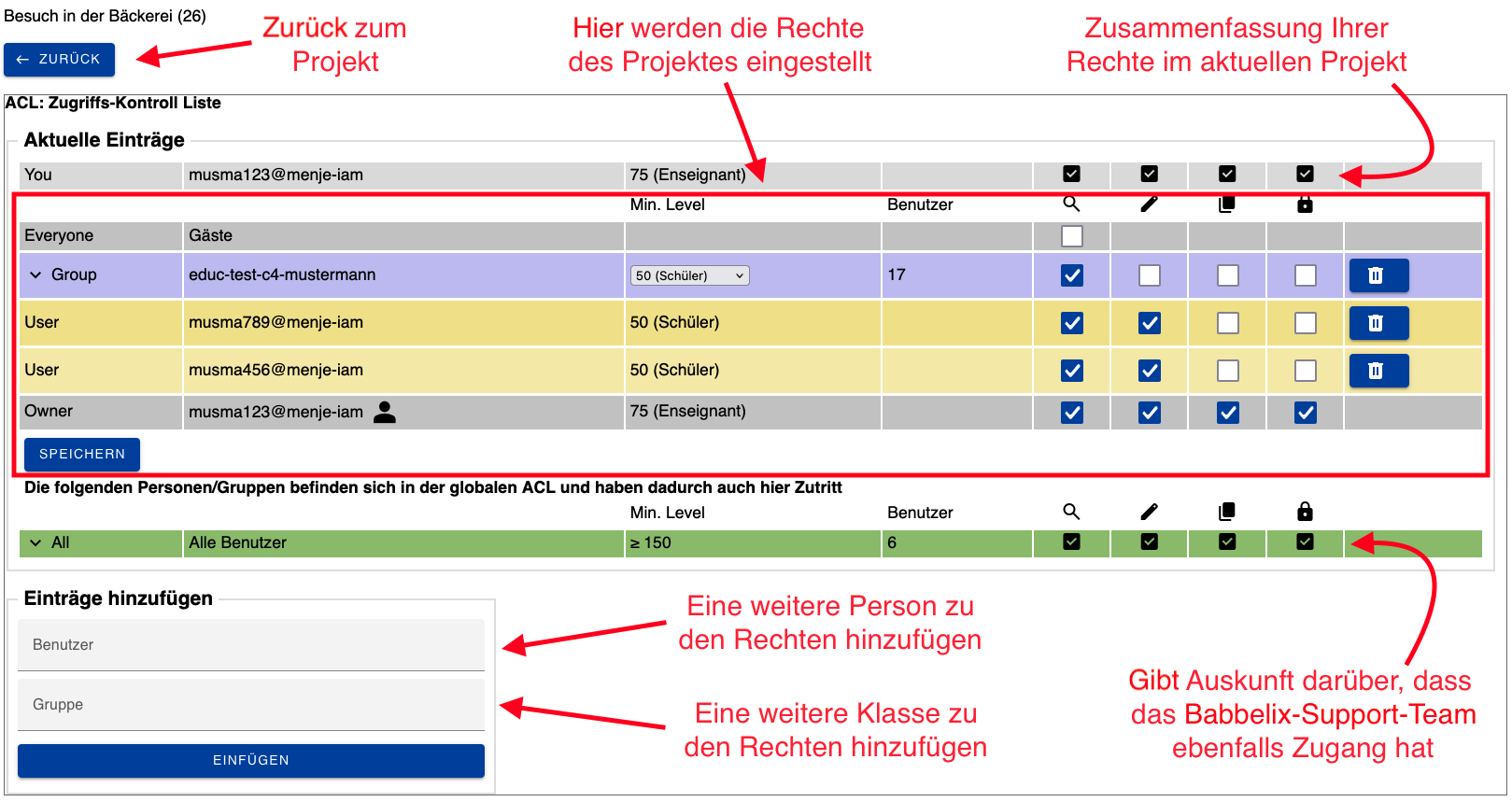 Screenshot einer Berechtigungstabelle in der Babbelix-Webansicht.