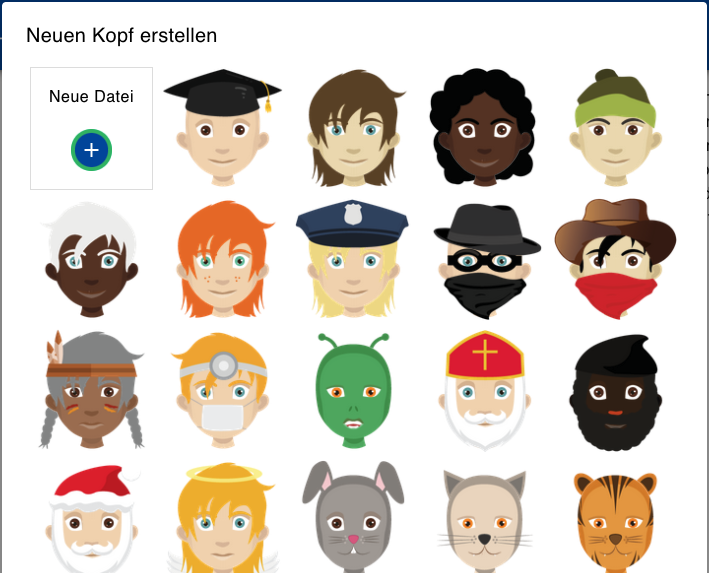 Screenshot des Dialogs mit den vorgeschlagenen Kopf-Symbolen.