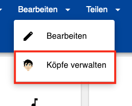 Erweitertes Menü des „Bearbeiten“-Knopfs mit dem Fokus auf „Köpfe verwalten“ in der Babbelix-Webansicht.