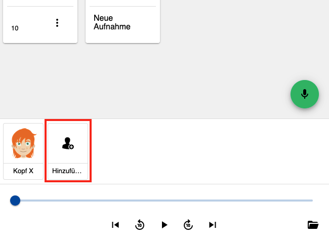 Screenshot der unteren Leiste bei größeren Bildschirmen, mit dem Fokus auf den „(Kopf) Hinzufügen“-Knopf.