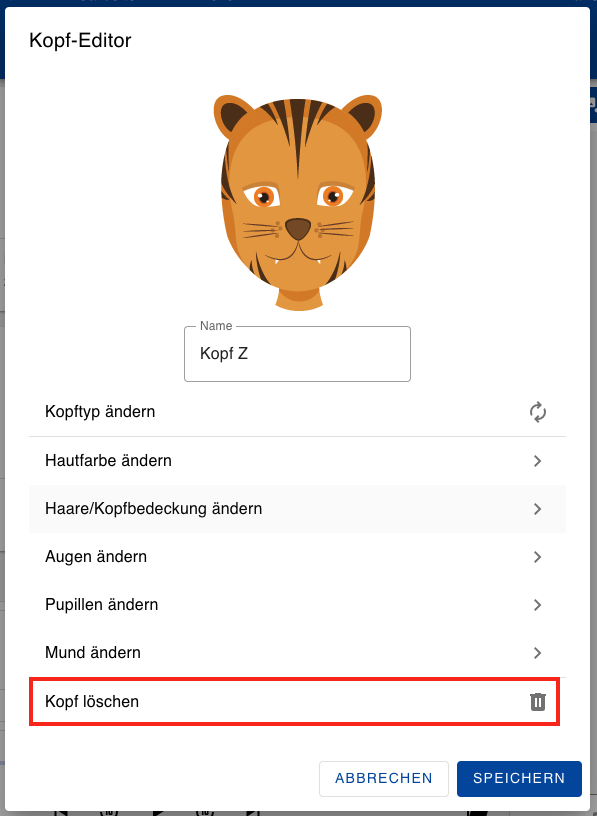 „Kopf-Editor“-Dialog eines Kopf-Symbols mit dem Fokus auf „Kopf löschen“.