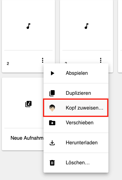 Screenshot des erweiterten Menüs einer Aufnahme mit dem Fokus auf „Kopf zuweisen“.