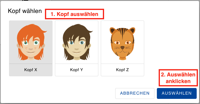 „Kopf wählen“-Dialog mit der Schrittfolge, wie man einer Aufnahme ein Kopf-Symbol zuweist.