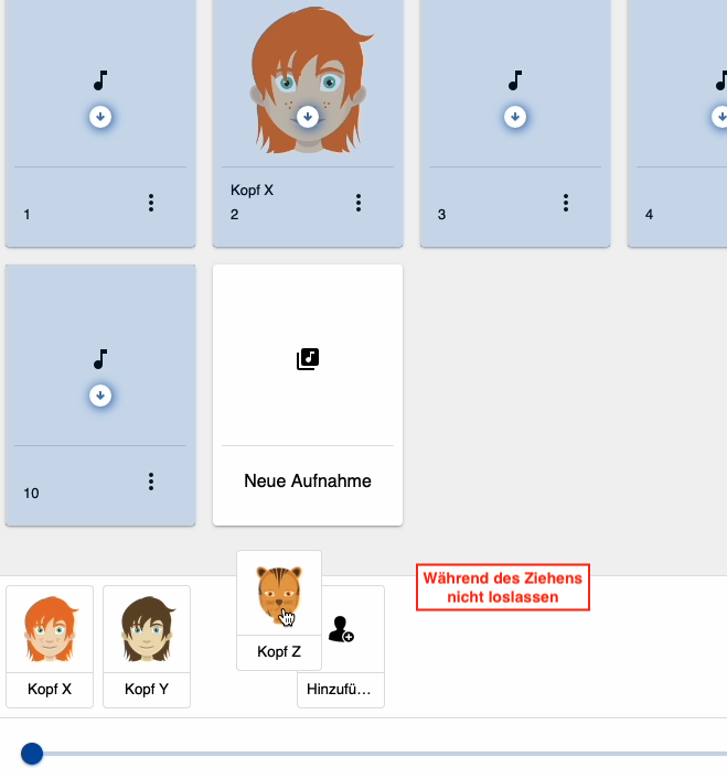 Screenshot, der den Anfang des Verschiebens eines Kopf-Symbols zu einer Aufnahme zeigt.