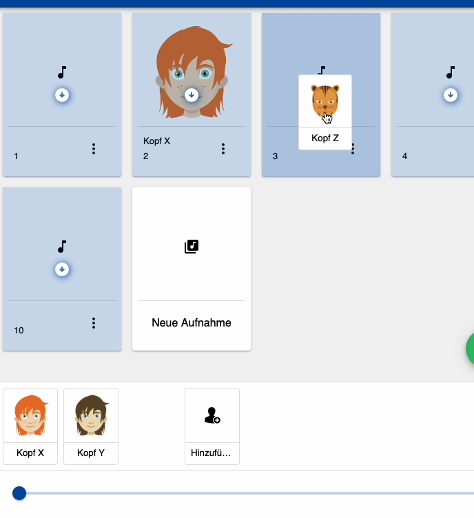 Screenshot, der das Ende des Verschiebens eines Kopf-Symbols zu einer Aufnahme zeigt.