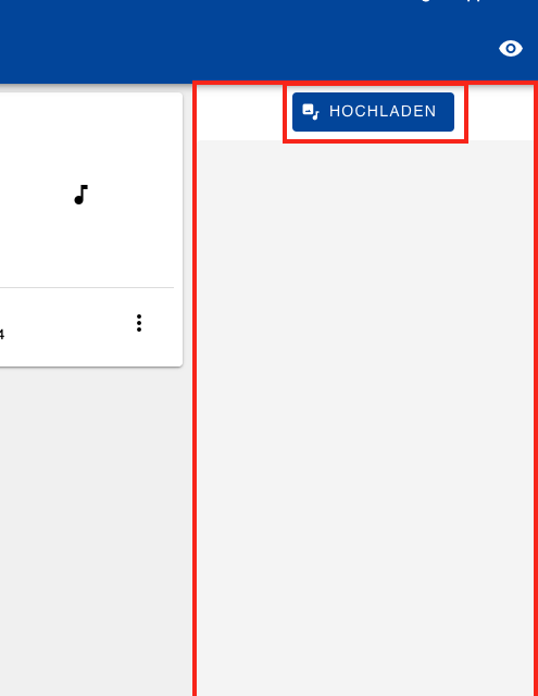 Screenshot des Medienbereichs mit dem Fokus auf den „Hochladen“-Knopf.