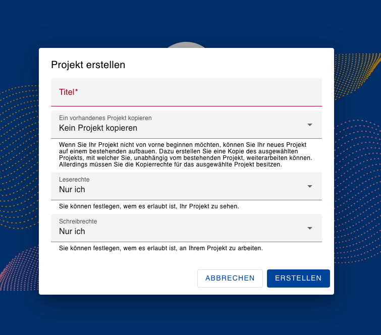 Screenshot des Schirms „Projekt erstellen“.