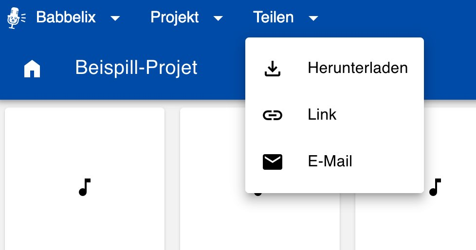 Erweitertes Menü des „Teilen“-Knopfes in der Babbelix-Webansicht.