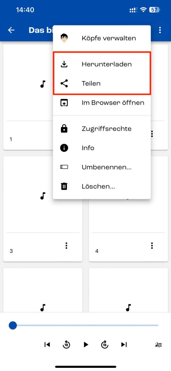 Erweitertes Menü des Projekt-Knopfes in der Babbelix-Appansicht.