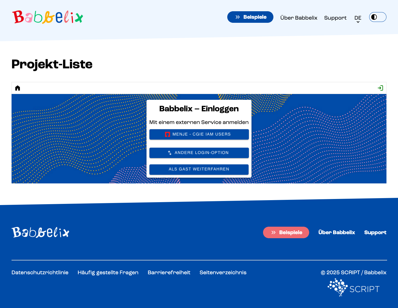Screenshot, der den Babbelix-Anmeldeschirm in der Webansicht zeigt.