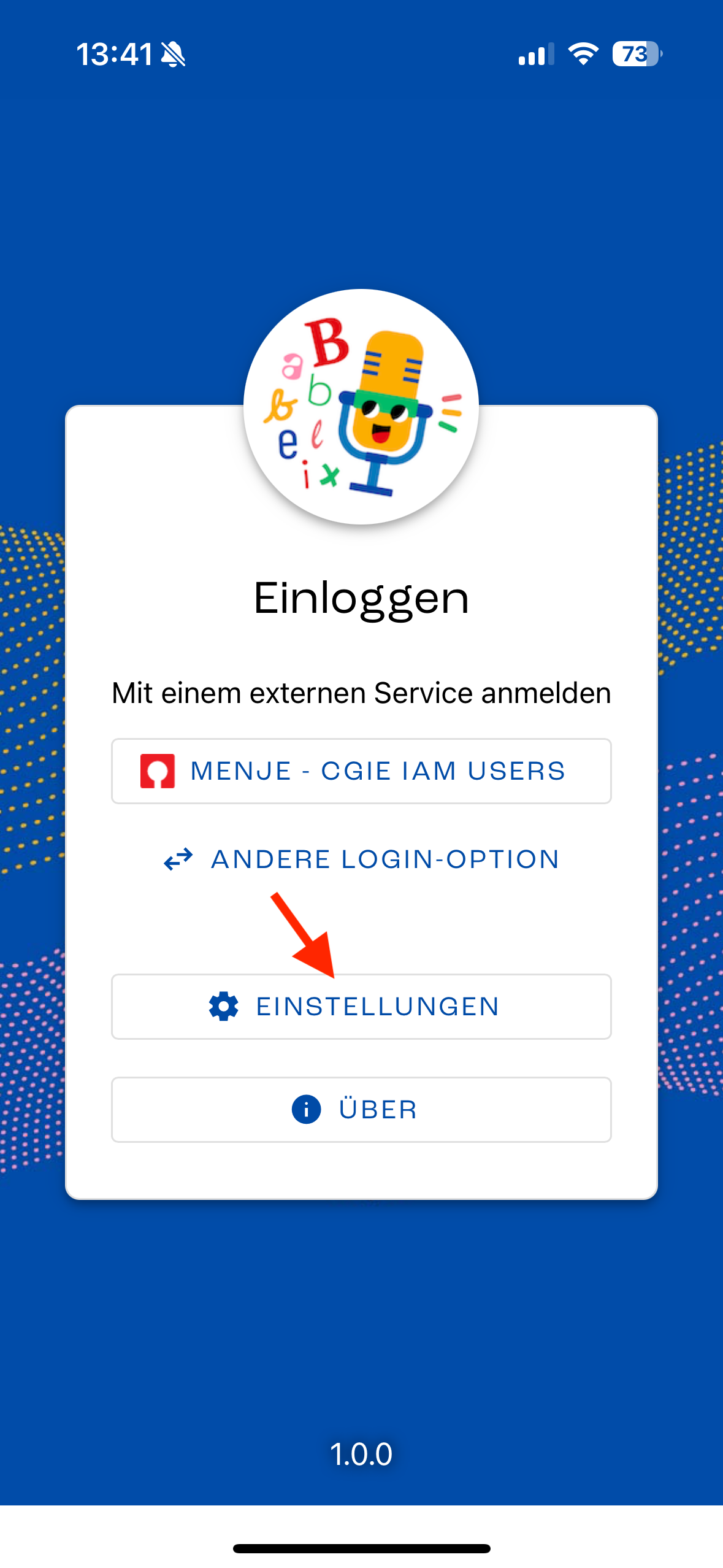 Screenshot, der den Babbelix-Anmeldeschirm in der App mit dem Fokus auf den „Einstellungen“-Knopf zeigt.