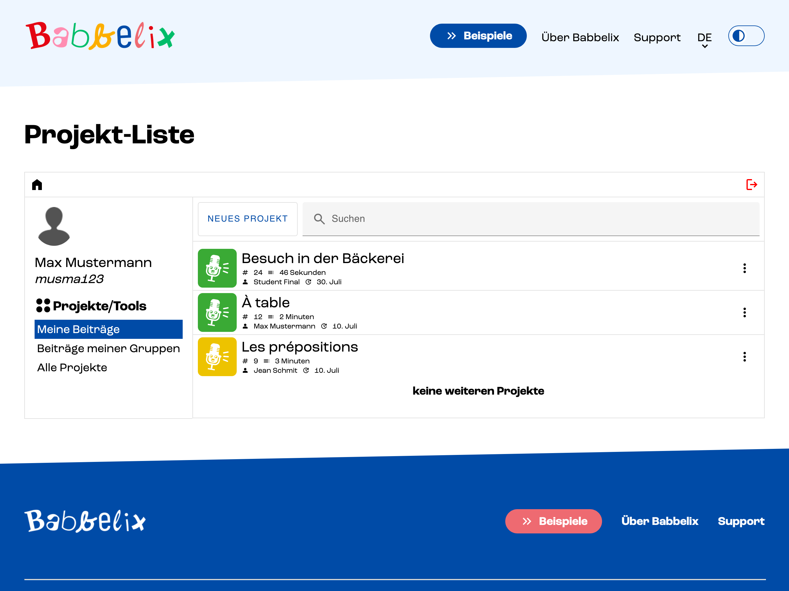 Screenshot der Projekt-Liste in der Babbelix-Webansicht.